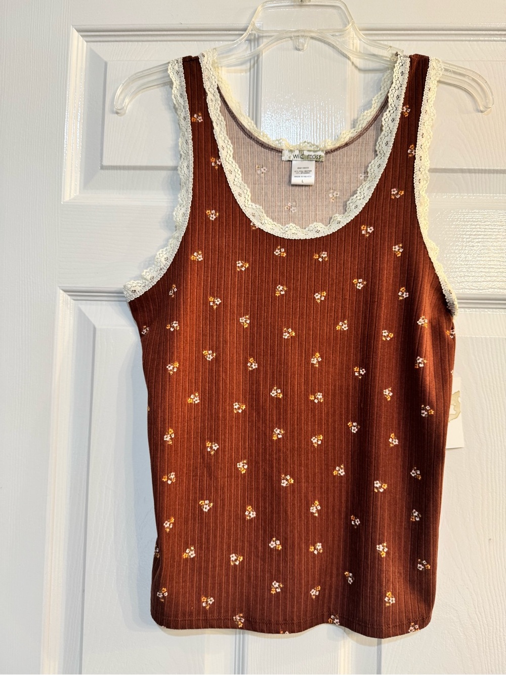 Wild Moss Ribbed Lace-Trim Tank in Taupe Floral